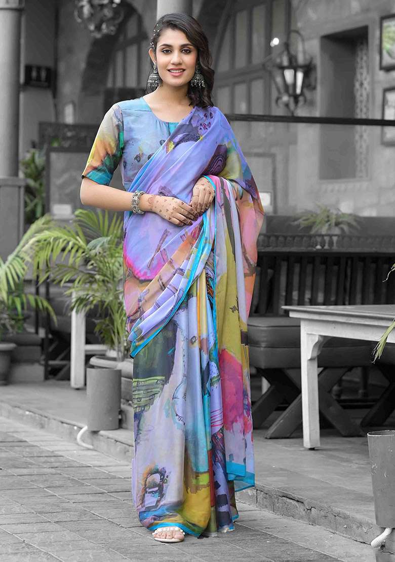 Multi Abstract Print Georgette Saree Set - Indya