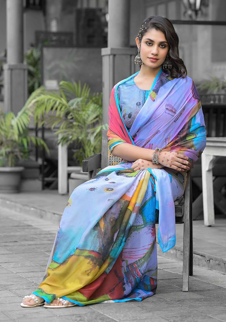 Multi Abstract Print Georgette Saree Set - Indya