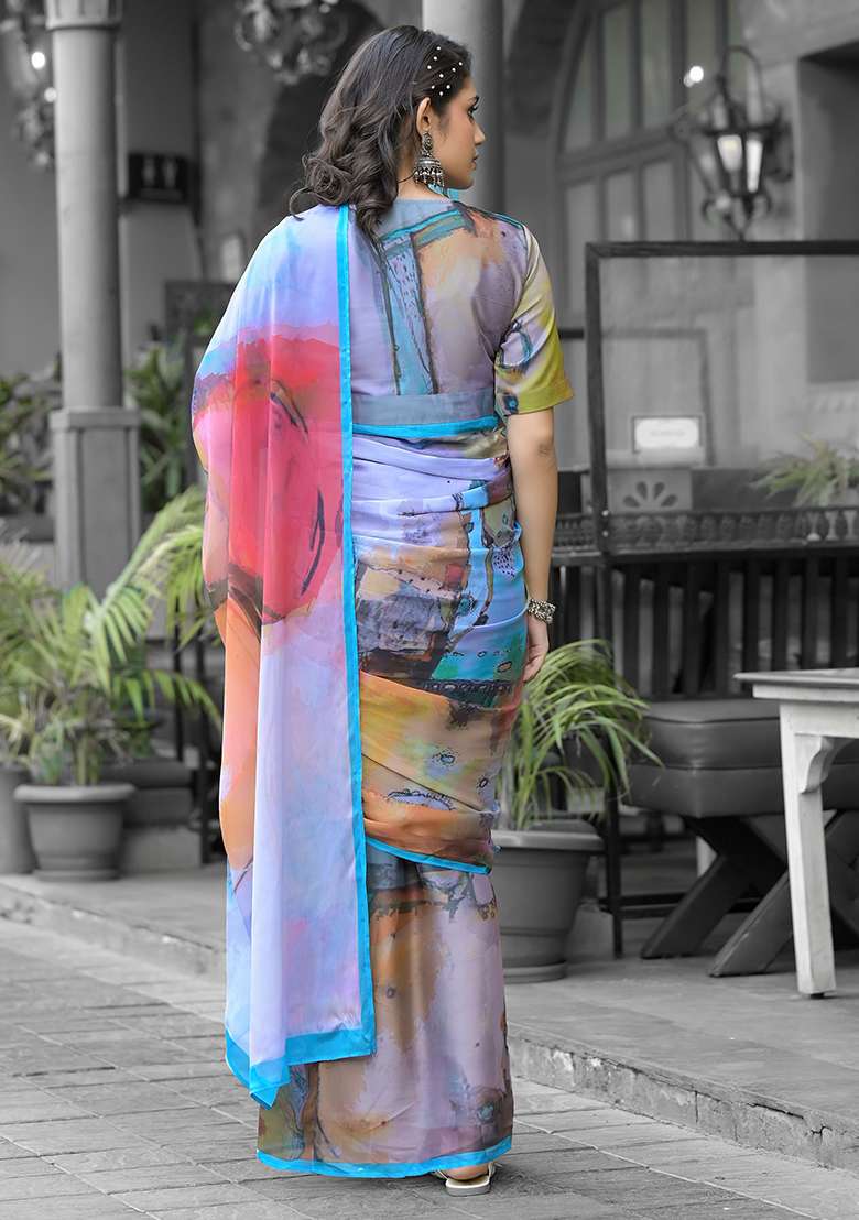 Multi Abstract Print Georgette Saree Set - Indya