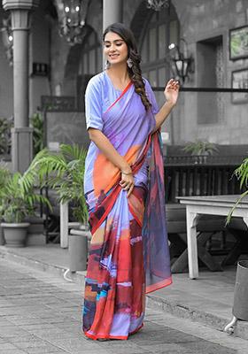 Multi Abstract Print Georgette Saree Set
