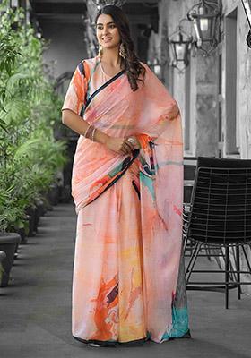 Peach Abstract Print Georgette Saree Set