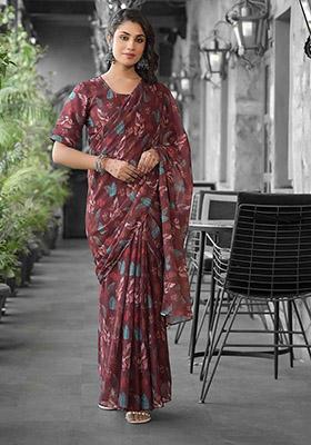 Brown Abstract Print Georgette Saree Set
