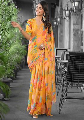 Orange Abstract Print Georgette Saree Set
