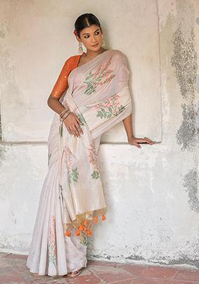 Orange Resham Woven Cotton Saree Set