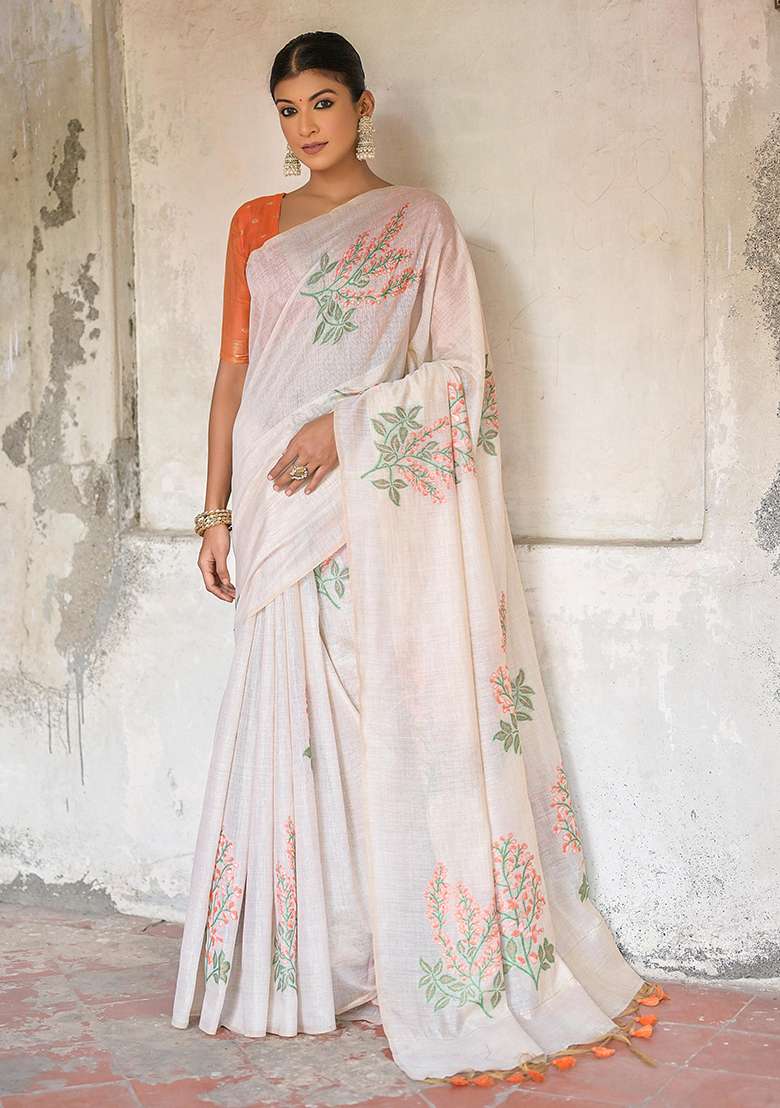 Orange Resham Woven Cotton Saree Set for Diwali and Festive Wear - Indya