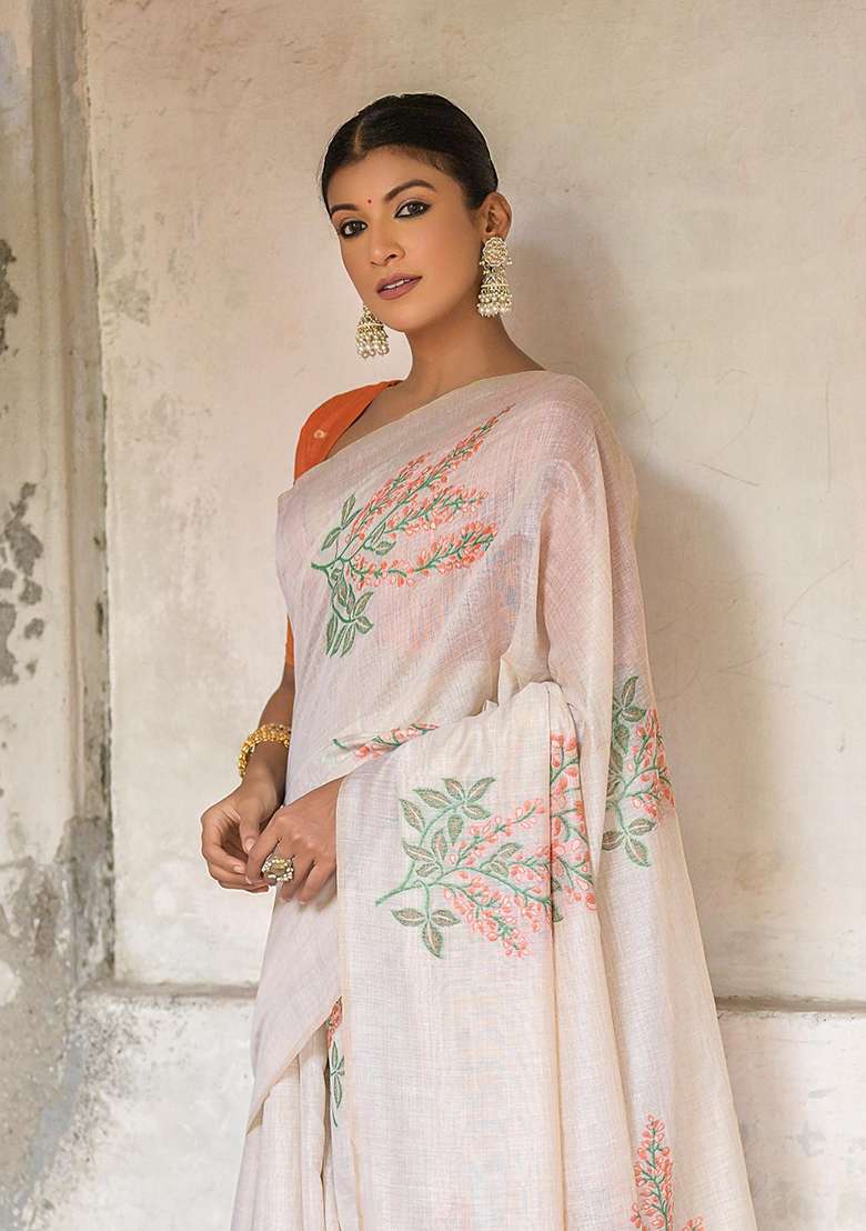 Orange Resham Woven Cotton Saree Set for Diwali and Festive Wear - Indya