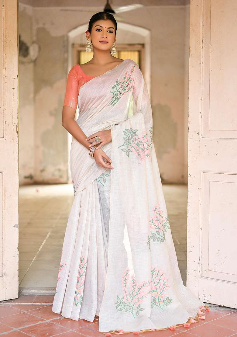 Peach Resham Woven Cotton Saree Set for Diwali | Wedding & Festive Wear - Indya