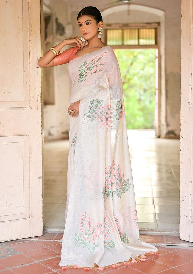 Peach Resham Woven Cotton Saree Set for Diwali | Wedding & Festive Wear - Indya