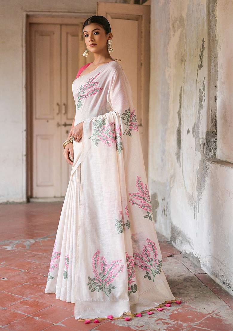 Pink Resham Woven Cotton Saree Set for Diwali and Festive Wear - Indya