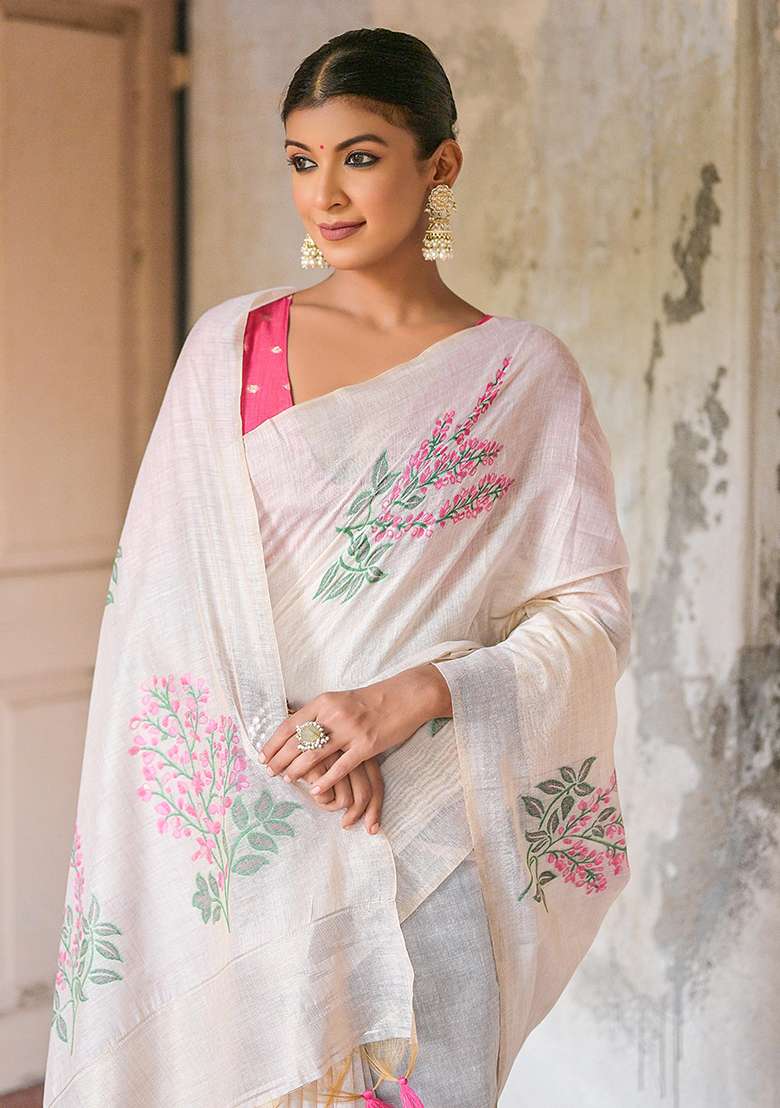 Pink Resham Woven Cotton Saree Set for Diwali and Festive Wear - Indya