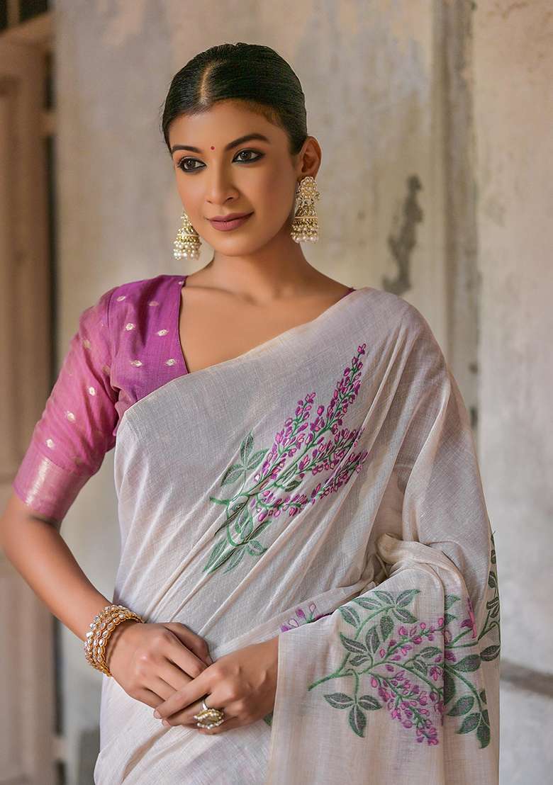 Wine Resham Woven Cotton Saree Set for Diwali and Festive Wear - Indya