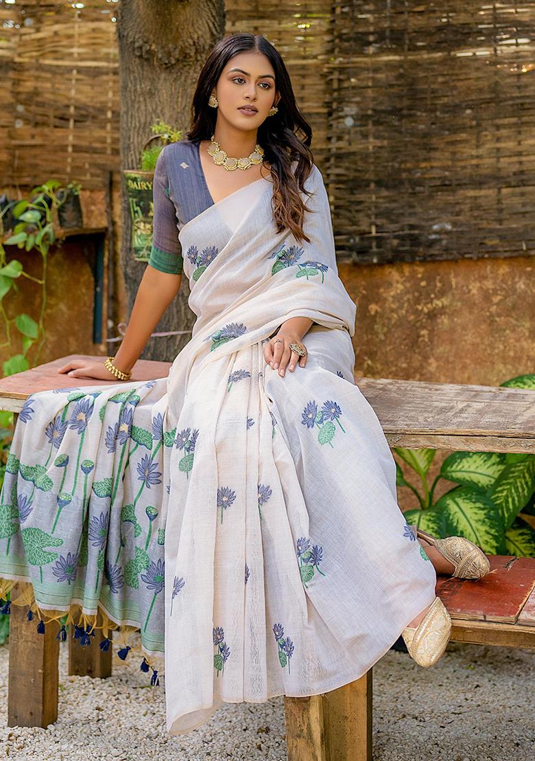 Blue Resham Woven Cotton Saree Set