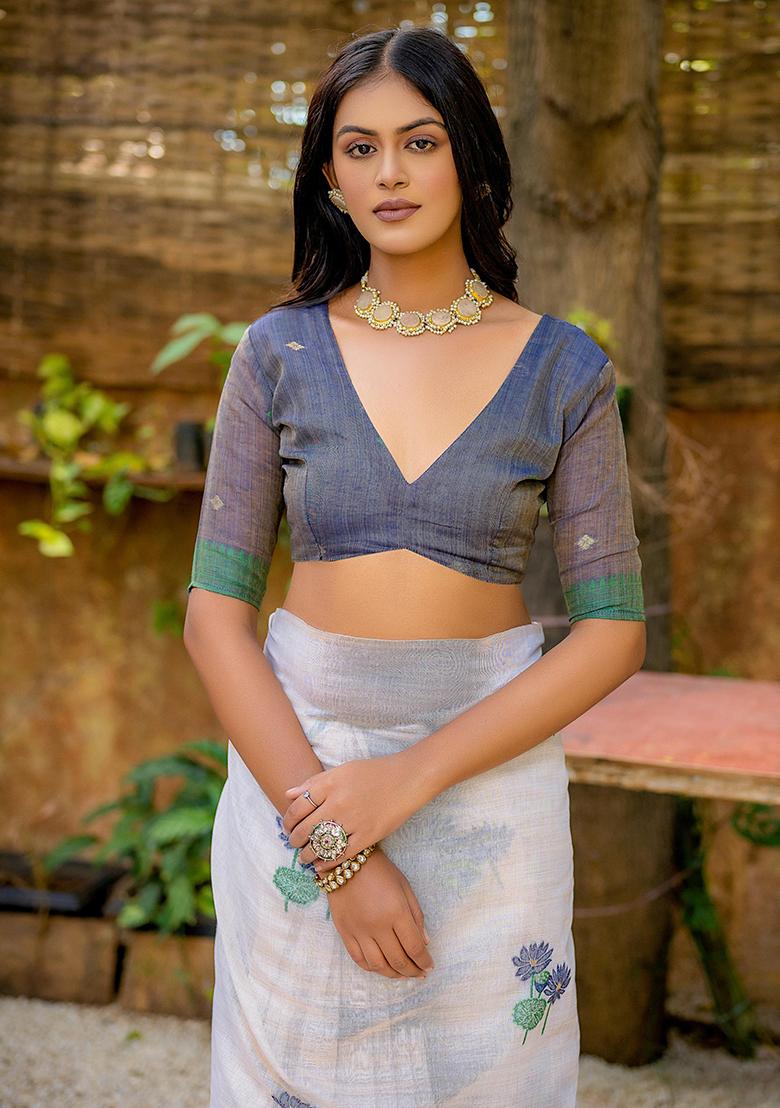 Blue Resham Woven Cotton Saree Set - Indya