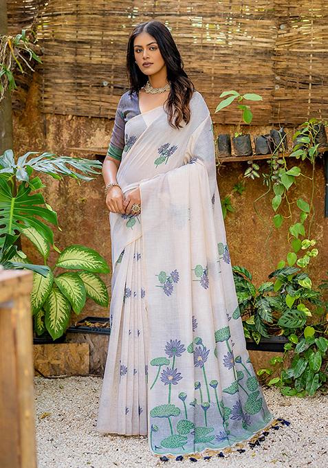 Blue Resham Woven Cotton Saree Set