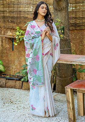 Pink Resham Woven Cotton Saree Set