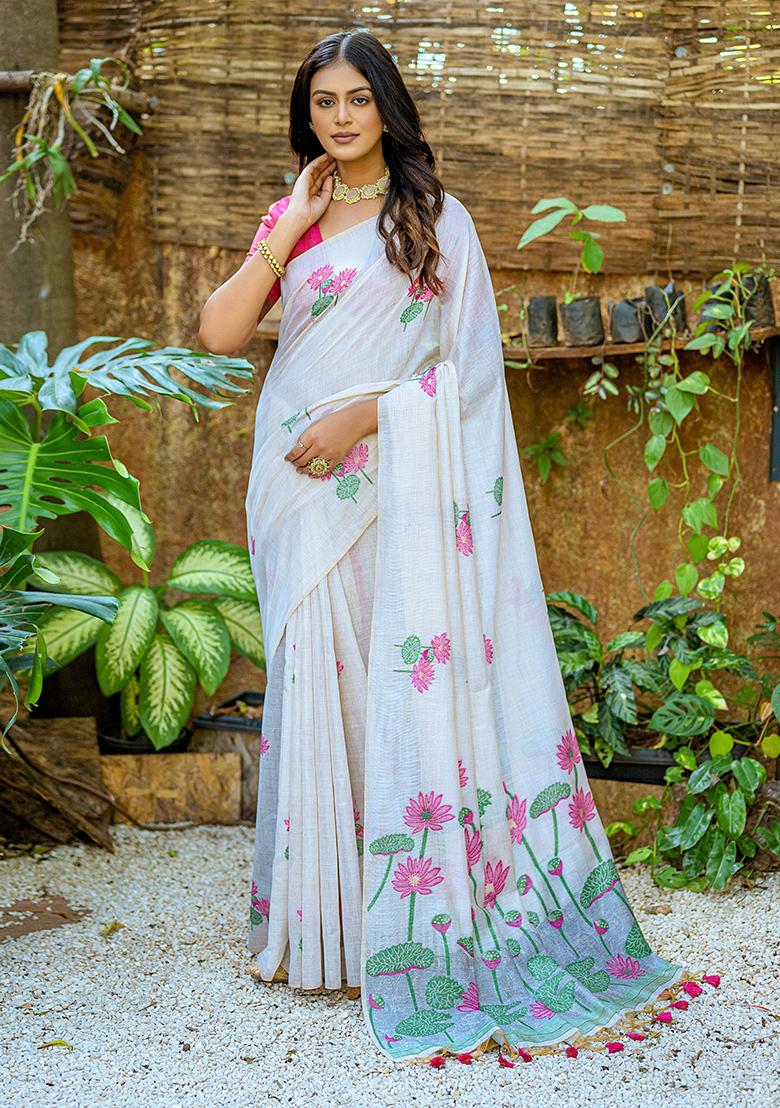 Pink Resham Woven Cotton Saree Set
