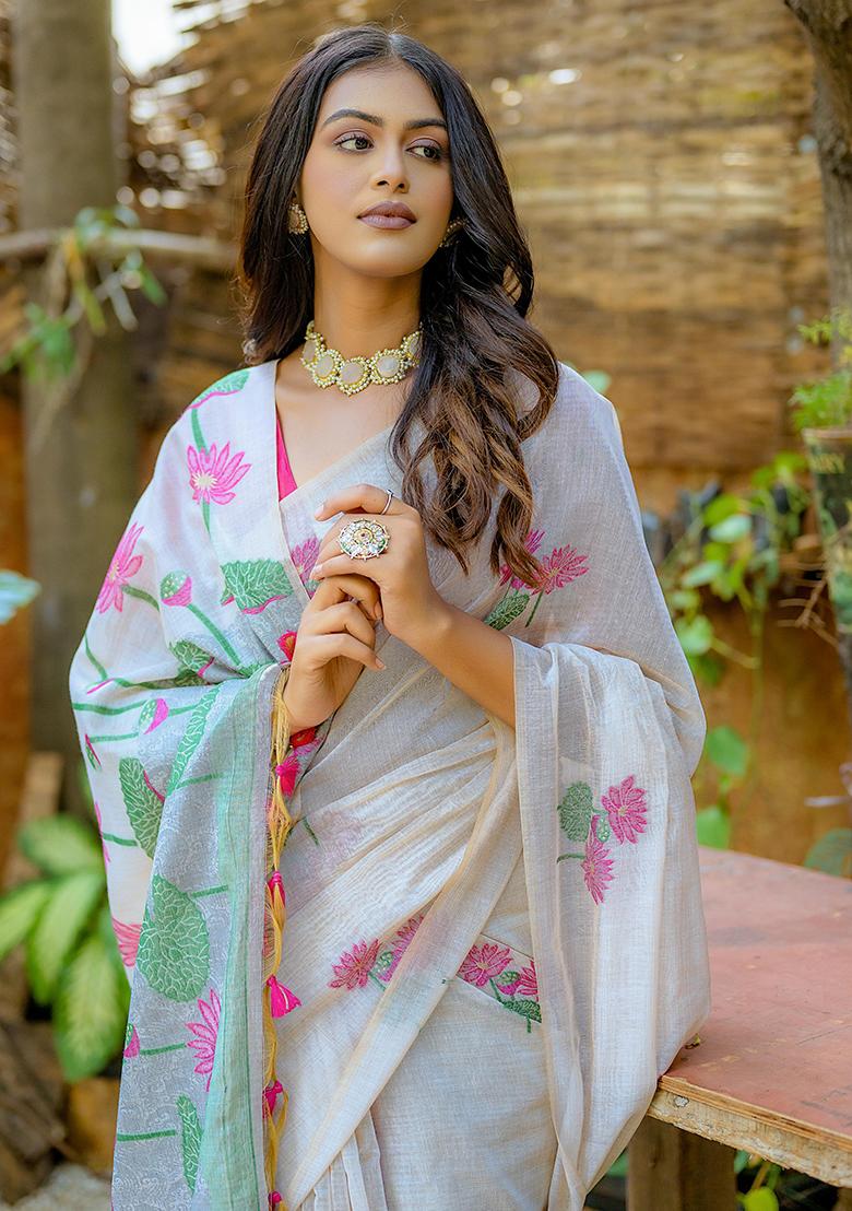 Pink Resham Woven Cotton Saree Set