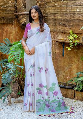 Purple Resham Woven Cotton Saree Set