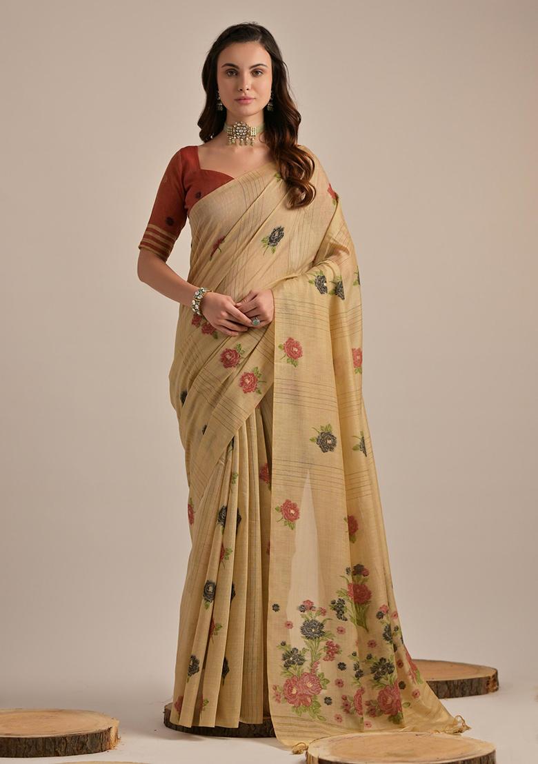 Beige Resham Woven Cotton Saree Set