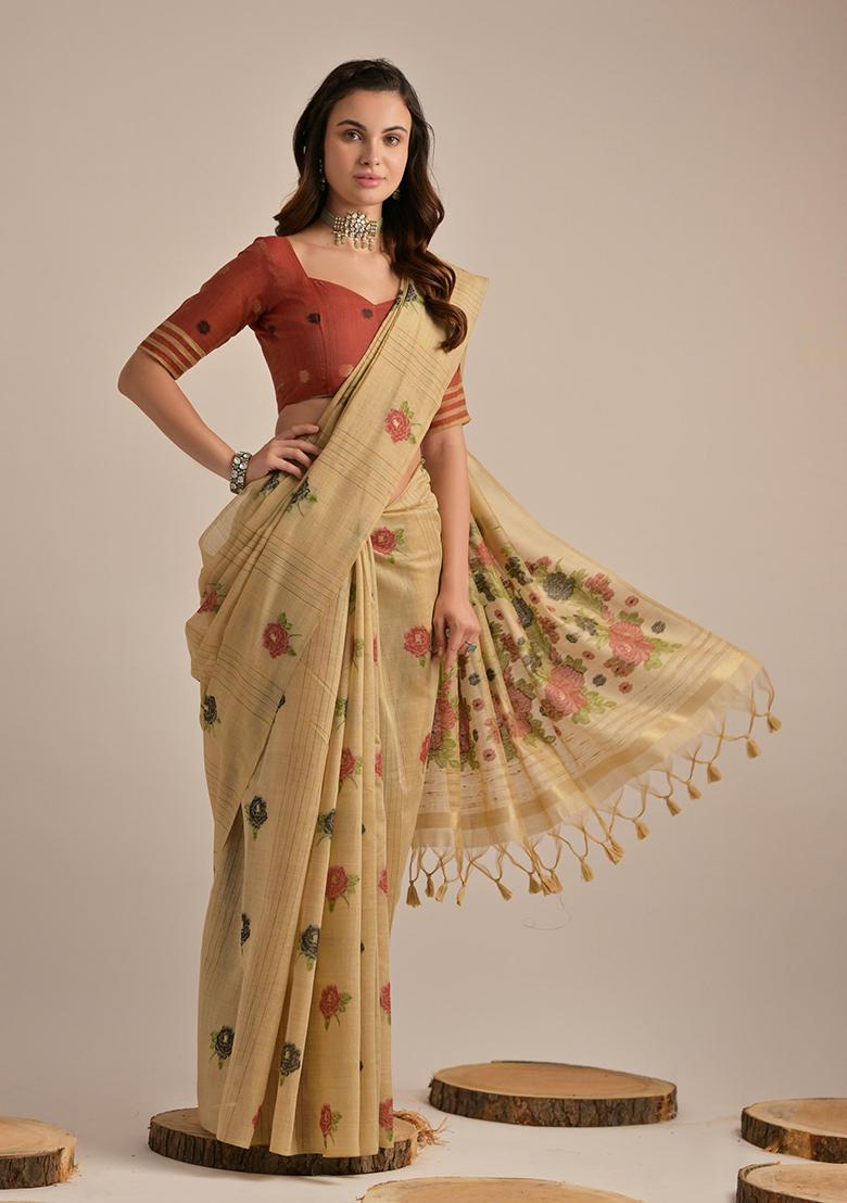 Beige Resham Woven Cotton Saree Set