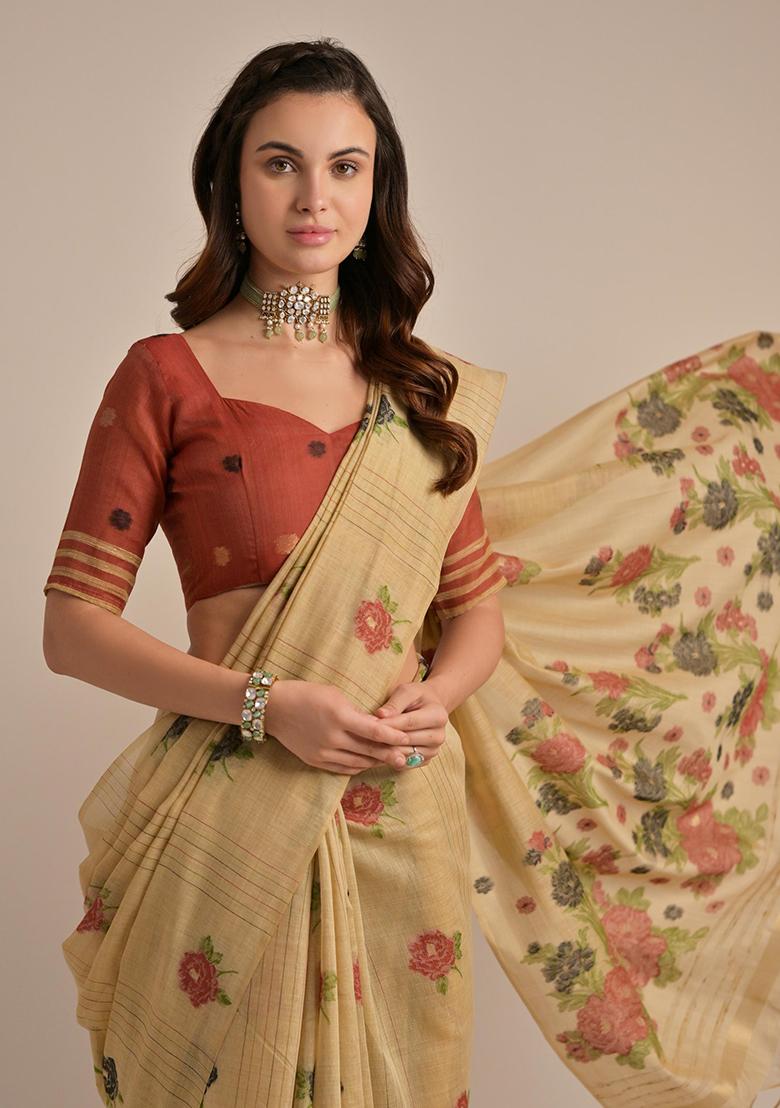 Beige Resham Woven Cotton Saree Set