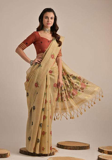 Beige Resham Woven Cotton Saree Set