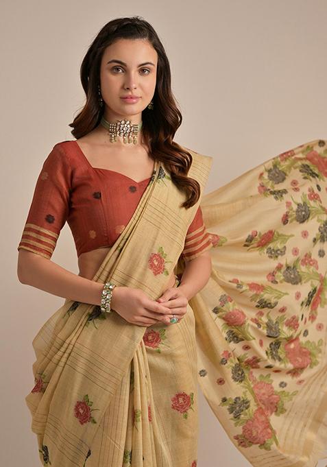 Beige Resham Woven Cotton Saree Set