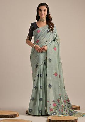 Grey Resham Woven Cotton Saree Set