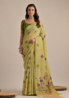 Green Resham Woven Cotton Saree Set