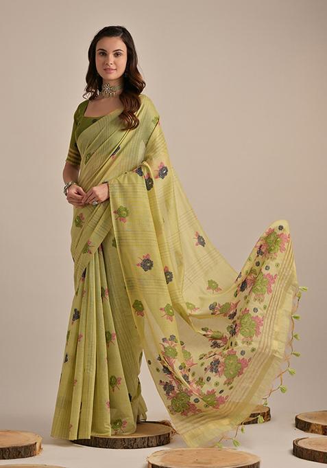 Green Resham Woven Cotton Saree Set