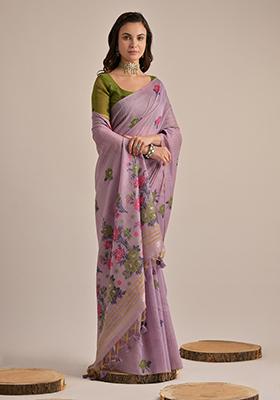 Purple Resham Woven Cotton Saree Set
