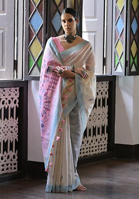 Pink Resham Woven Cotton Saree Set