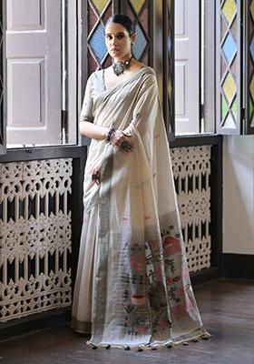 Grey Resham Woven Cotton Saree Set