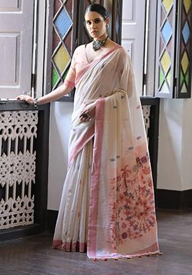 Peach Resham Woven Cotton Saree Set