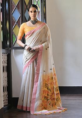 Orange Resham Woven Cotton Saree Set