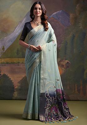 Sky Blue Resham Woven Cotton Saree Set