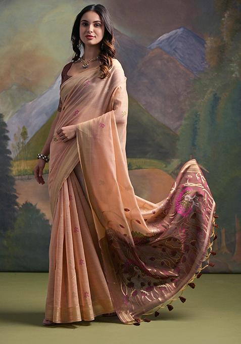 Peach Resham Woven Cotton Saree Set