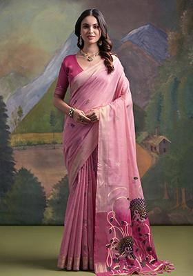 Pink Resham Woven Cotton Saree Set