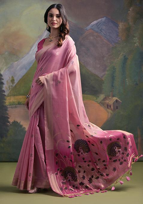 Pink Resham Woven Cotton Saree Set