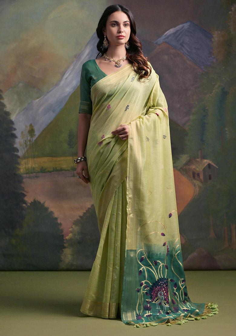 Green Resham Woven Cotton Saree Set