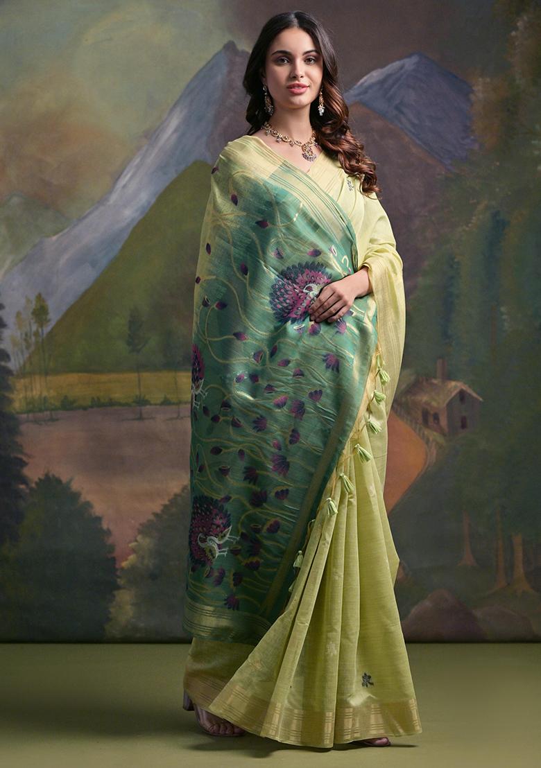 Green Resham Woven Cotton Saree Set