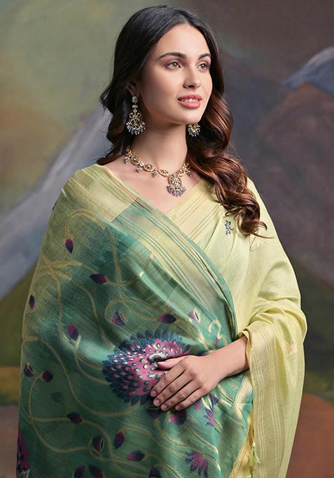 Green Resham Woven Cotton Saree Set