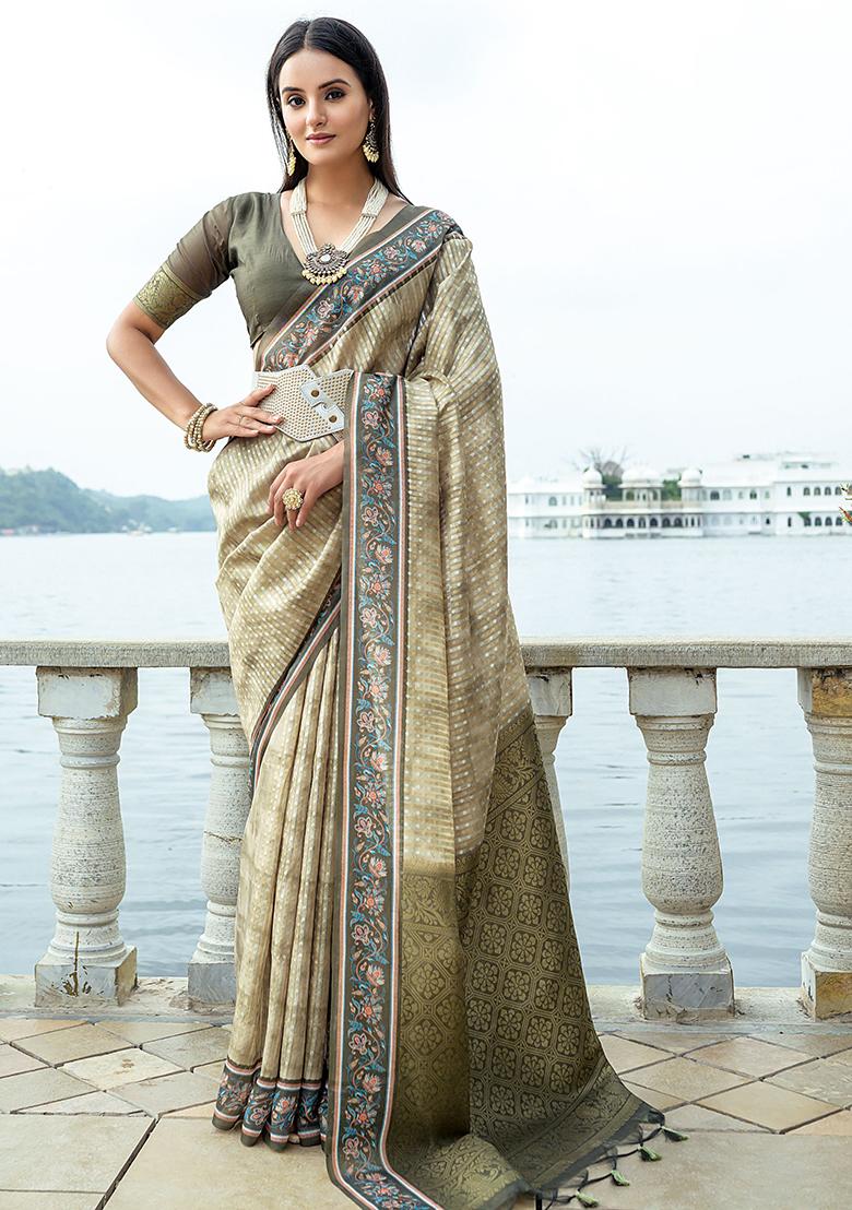 Green Abstract Print Silk Saree Set