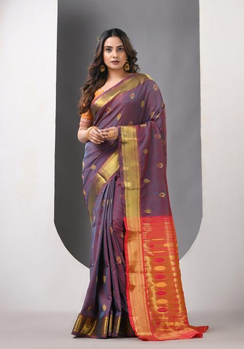 Grey Dual Tone Zari Work Silk Saree Set
