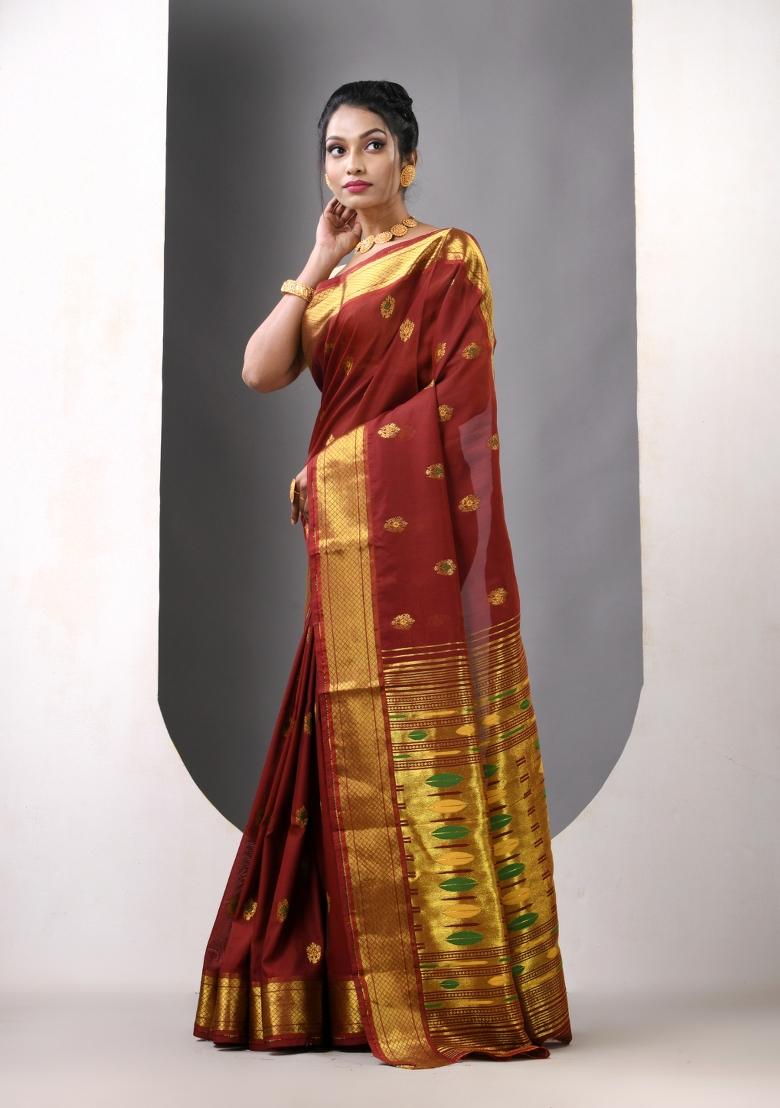Brown Zari Work Silk Saree Set - Indya