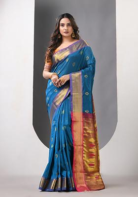 Sapphire Blue Zari Work Silk Saree Set
