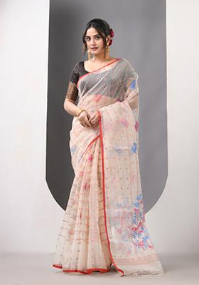 Beige Woven Muslin Saree Set