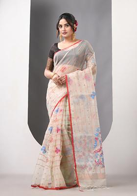 Beige Woven Muslin Saree Set