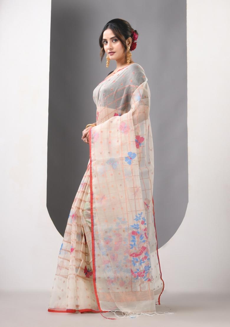 Beige Woven Muslin Saree Set - Indya