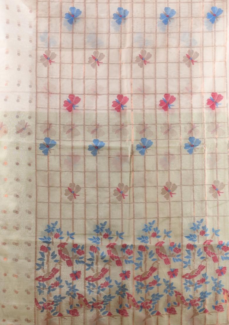 Beige Woven Muslin Saree Set - Indya